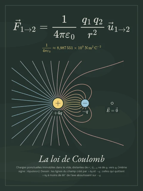 La loi de Coulomb · Tableau noir, affiche loi de Coulomb