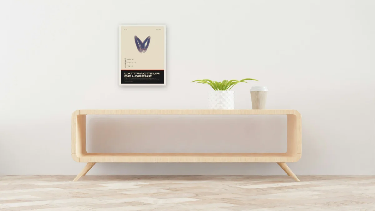 L’attracteur de Lorenz · Bauhaus : affiche encadrée blanc au-dessus d'une console de 160 cm