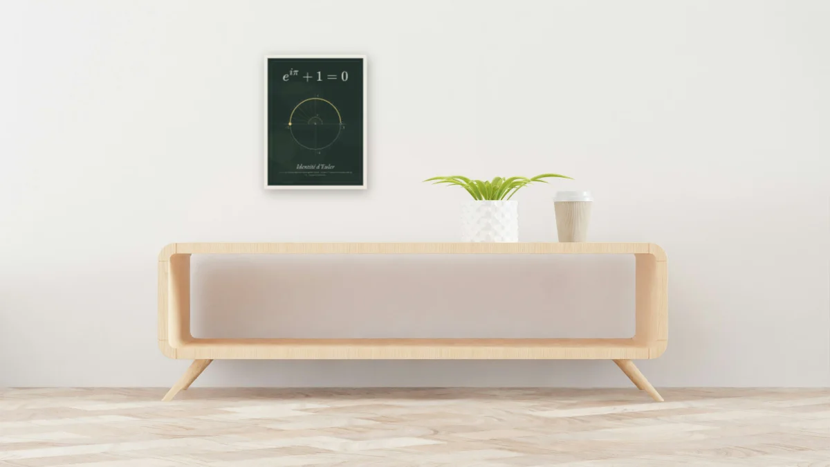 Identité d’Euler · Tableau noir : affiche encadrée blanc au-dessus d'une console de 160 cm