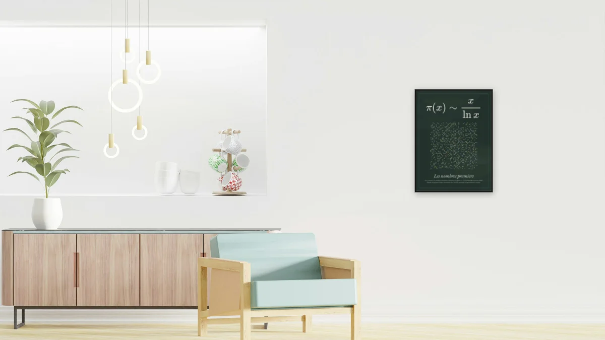 Les nombres premiers · Tableau noir : affiche encadrée noir dans un salon clair